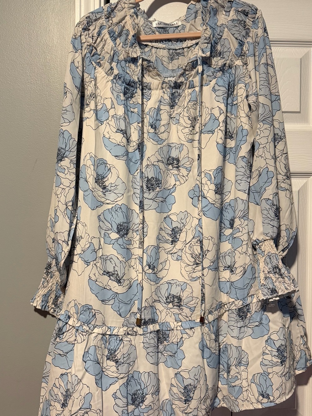 NWOT Light Blue Floral Ruffle Neck Dress